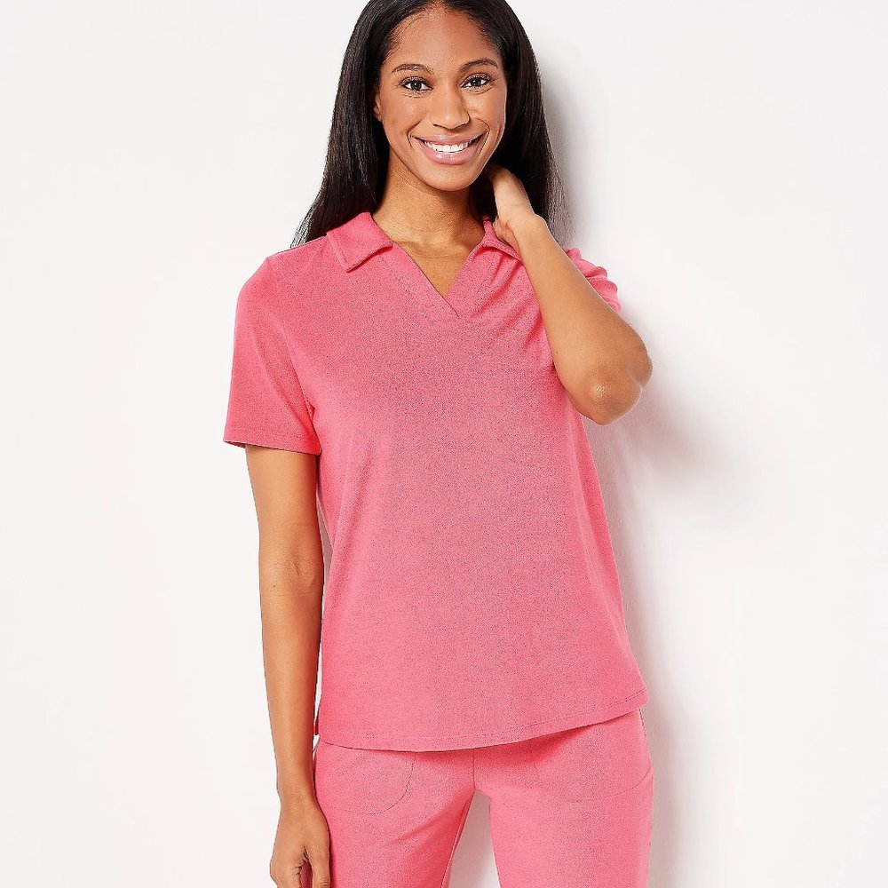 Denim & Co. Active Knit Terry Short Sleeve Polo Top
